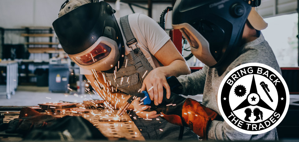 welders working with a bring back the trades logo in the corner of the image